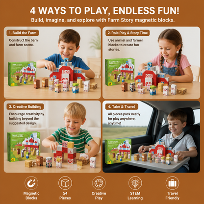 Farm Story Magnetic Building Blocks Travel Playset with Animals & Barn