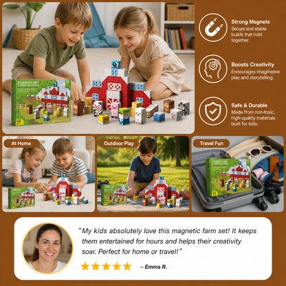 Farm Story Magnetic Building Blocks Travel Playset with Animals & Barn