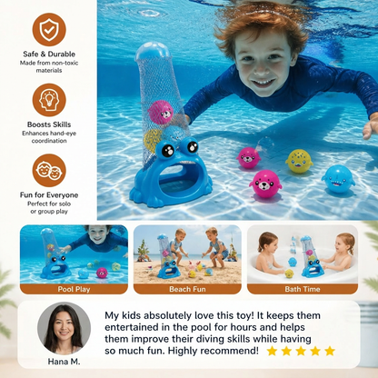 Frog Diving Pool Toy with Catch Net and Sea Animal Balls