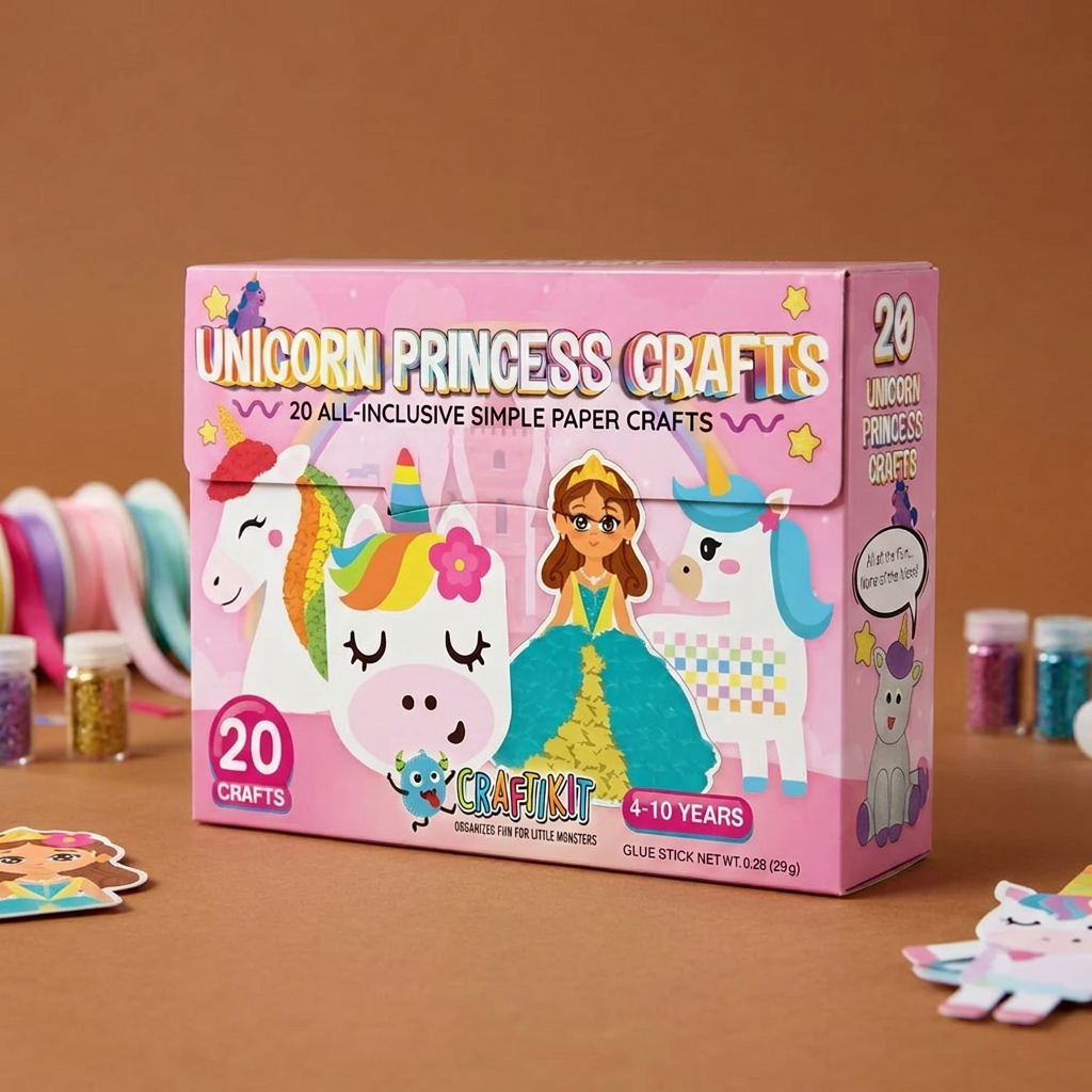 Kids Paper Crafts Box – 20 Easy DIY Arts & Crafts Projects for Ages 3–10 with Glue Stick, Tape & Envelopes