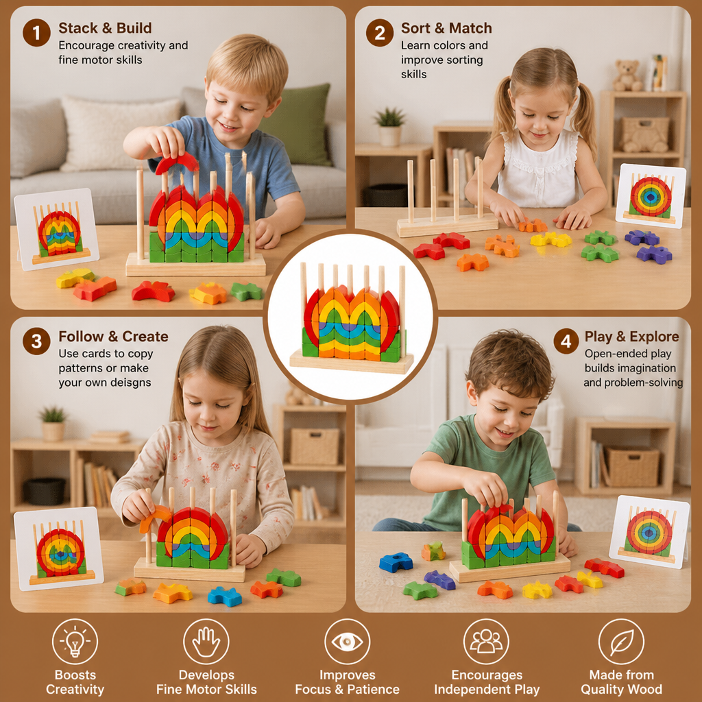 Montessori Wooden Rainbow Stacking & Matching Puzzle