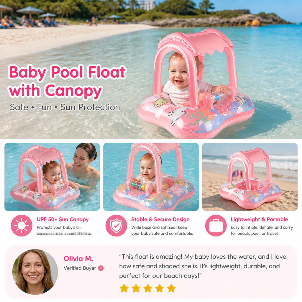 Inflatable Baby Pool Float with Canopy & Ocean Print