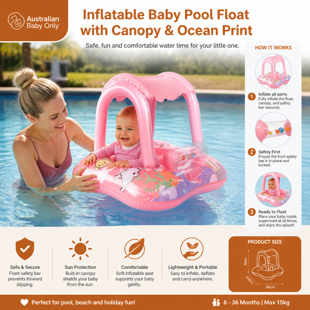 Inflatable Baby Pool Float with Canopy & Ocean Print