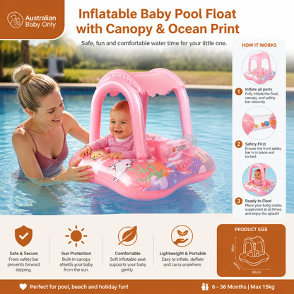 Inflatable Baby Pool Float with Canopy & Ocean Print