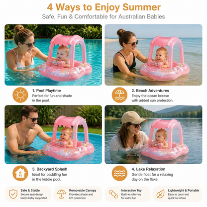 Inflatable Baby Pool Float with Canopy & Ocean Print