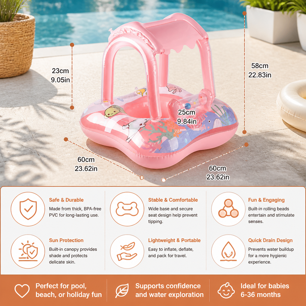 Inflatable Baby Pool Float with Canopy & Ocean Print
