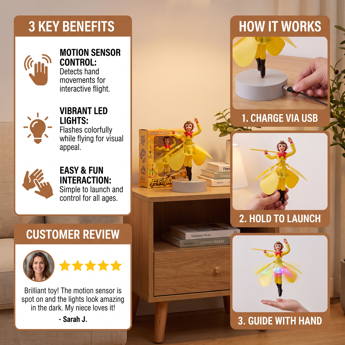 Interactive Flying Monkey Toy with Motion Sensor & LED Lights