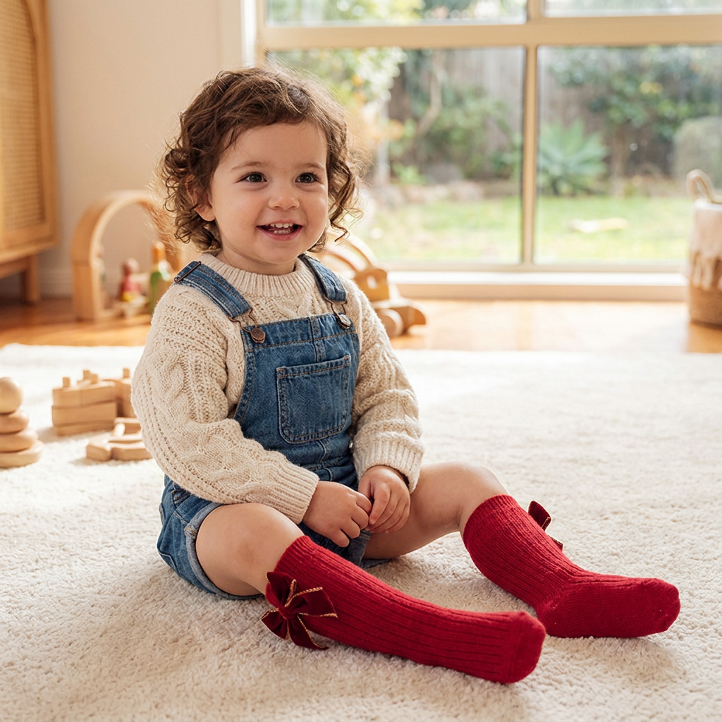 Baby Girls’ Christmas Knee-High Socks with Velvet Bows
