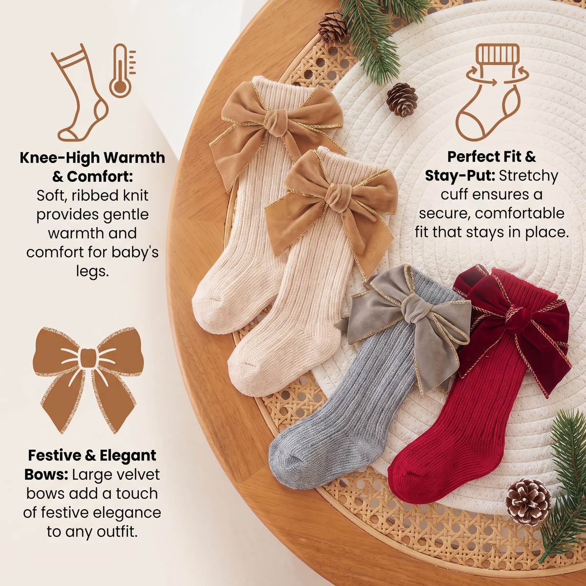 Baby Girls’ Christmas Knee-High Socks with Velvet Bows
