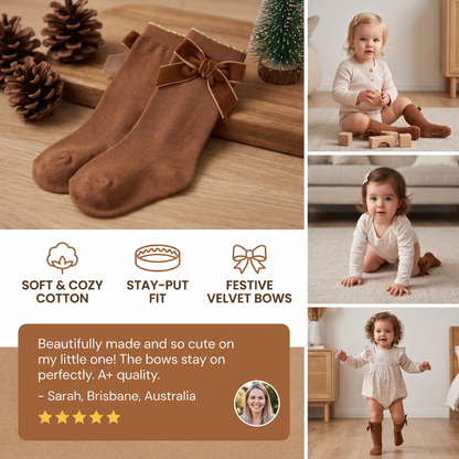 Baby Girls’ Christmas Knee-High Socks with Velvet Bows