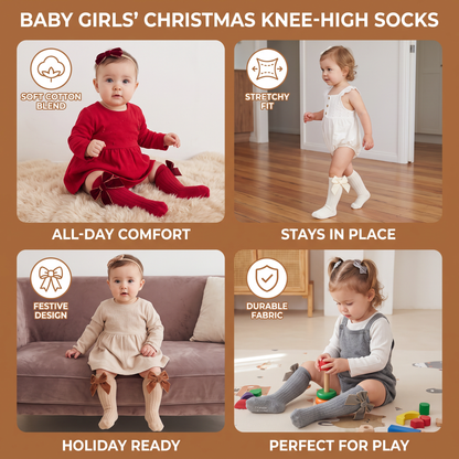 Baby Girls’ Christmas Knee-High Socks with Velvet Bows