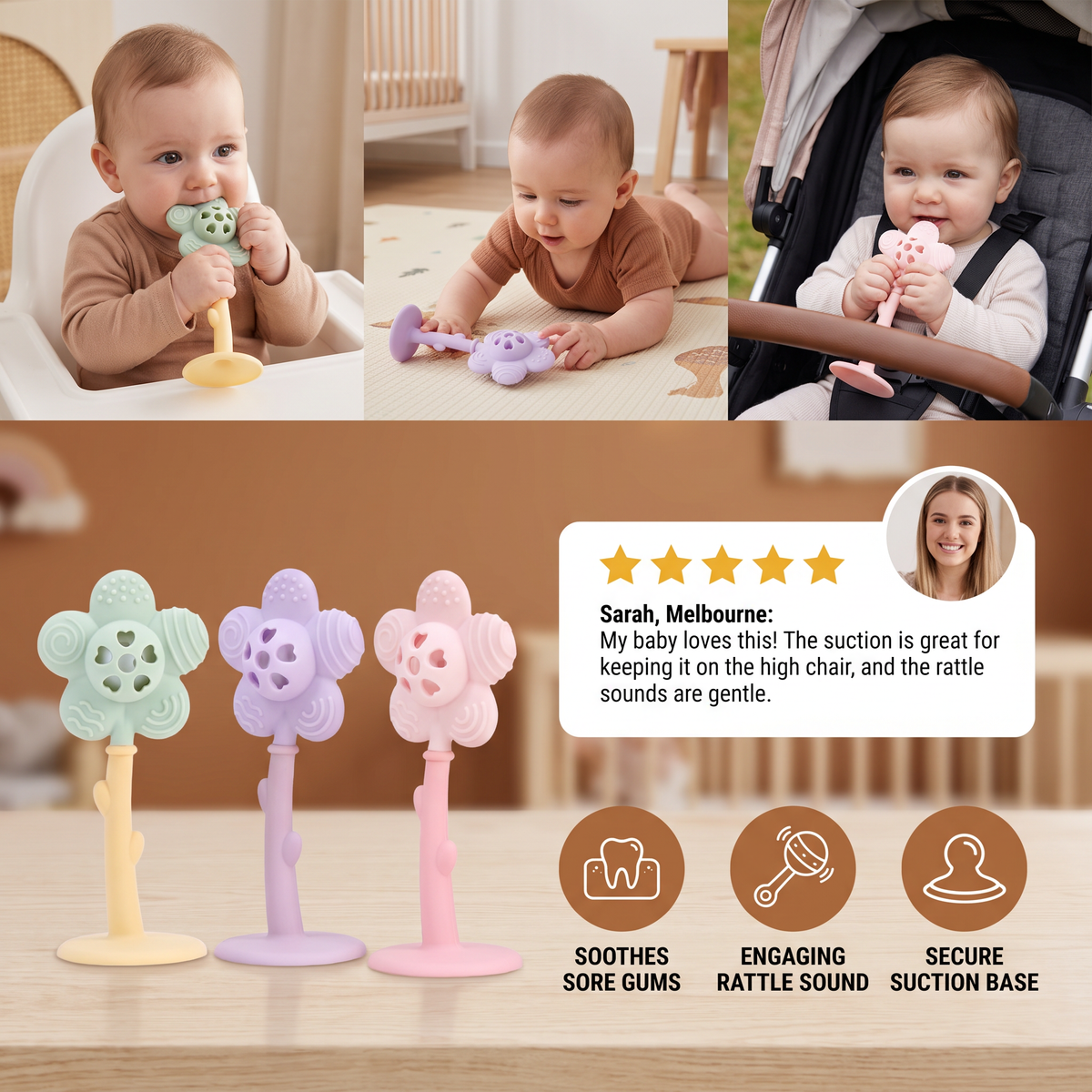 2-in-1 Sunflower Baby Teether & Rattle with Suction Base