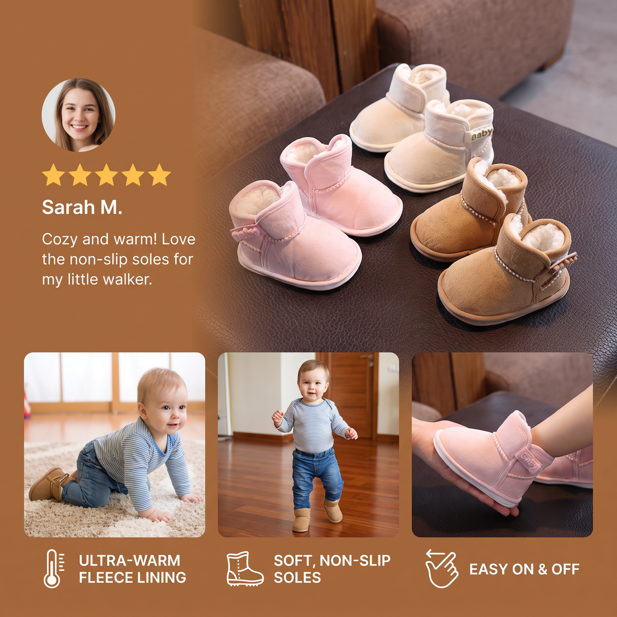 Fleece-Lined Baby Winter Boots with Soft, Non-Slip Soles