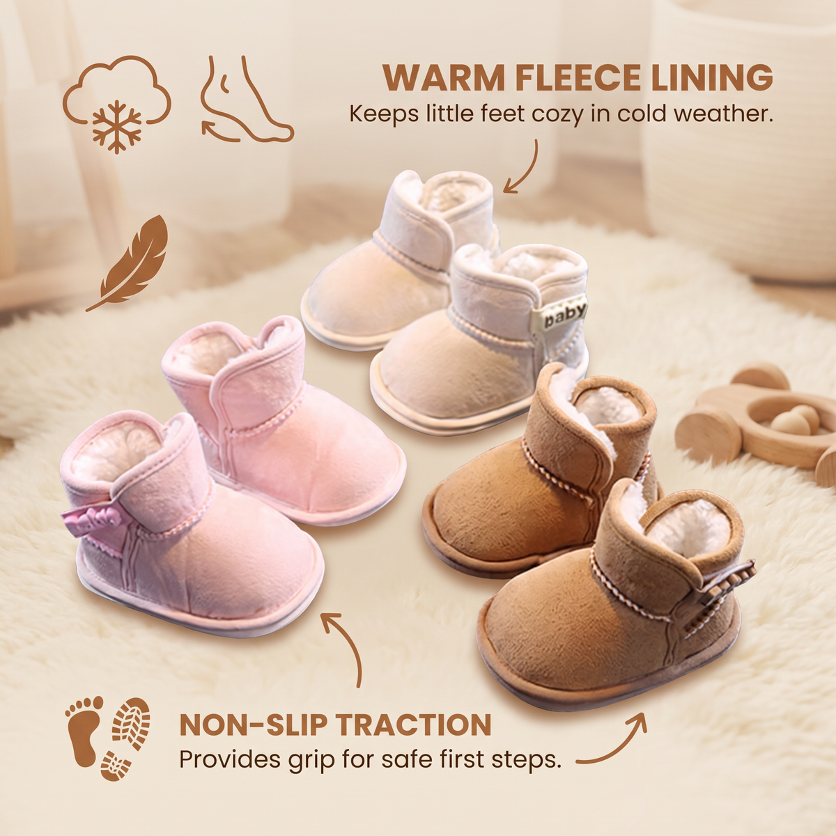 Fleece-Lined Baby Winter Boots with Soft, Non-Slip Soles