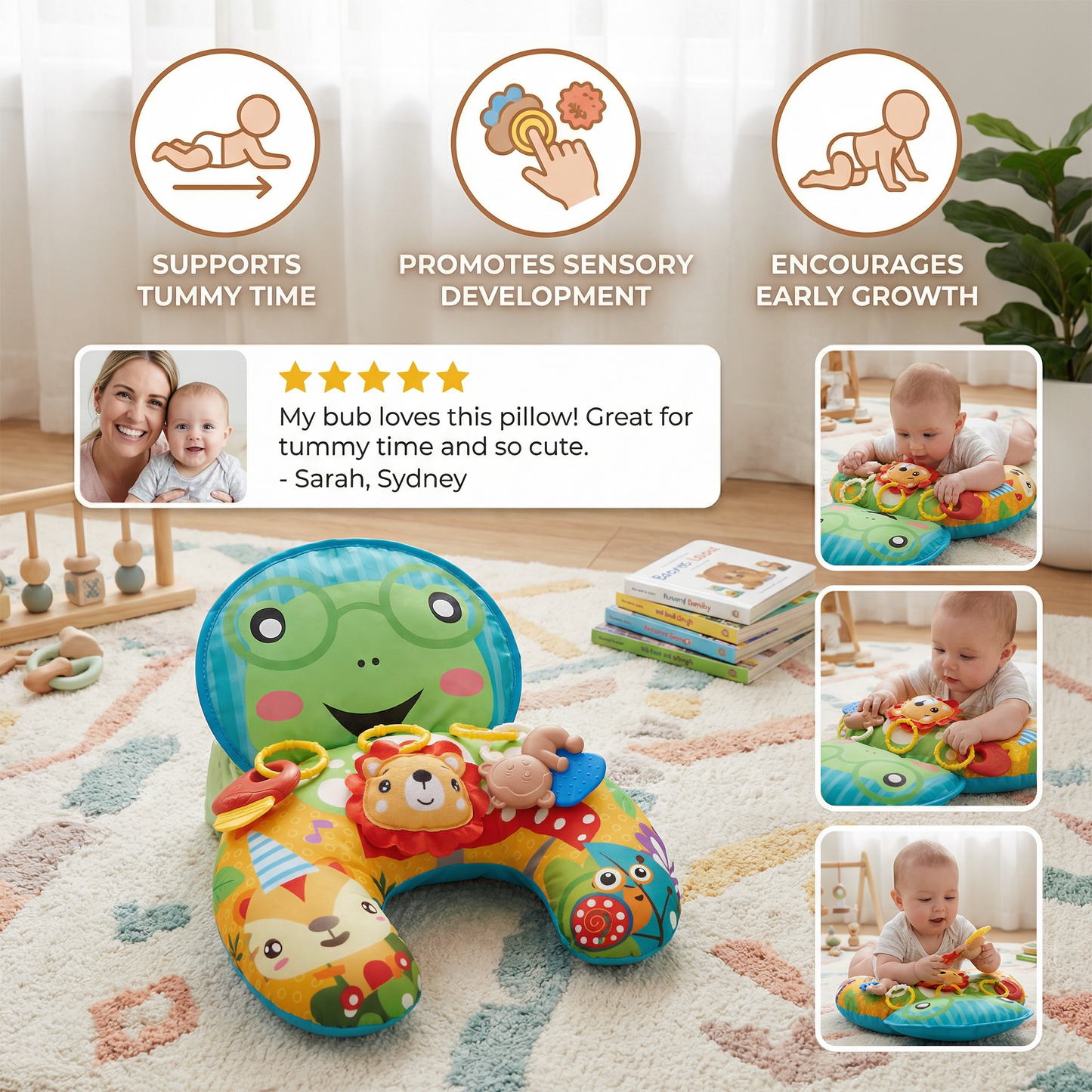 Baby Training Pillow for Tummy Time with Play Arch – Supports Sensory Development & Early Growth