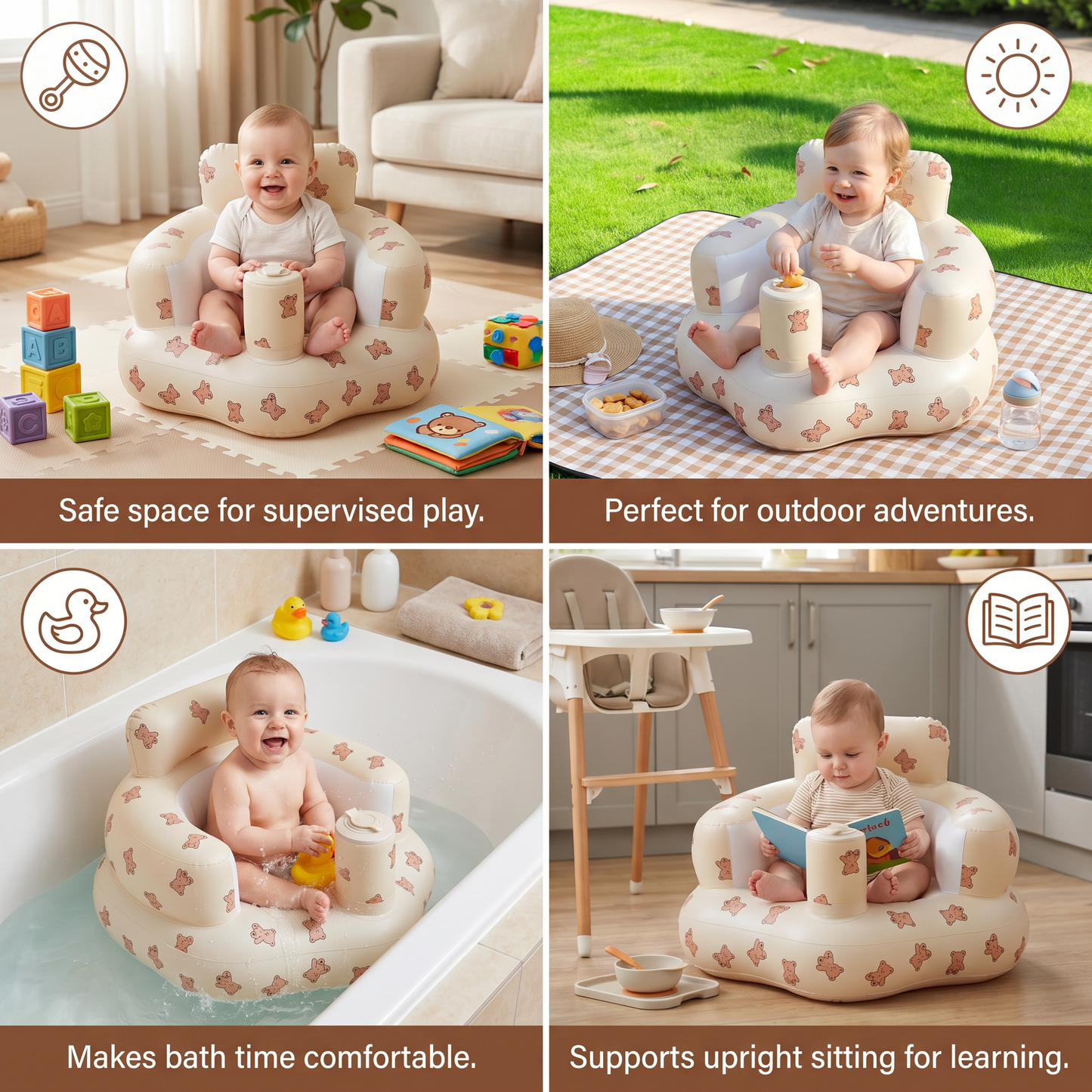 Inflatable Baby Seat with Bear Print for Sitting and Bath