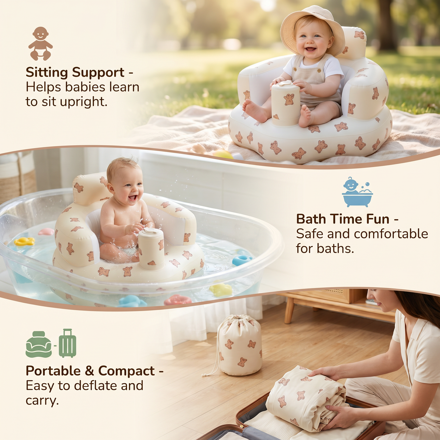Inflatable Baby Seat with Bear Print for Sitting and Bath