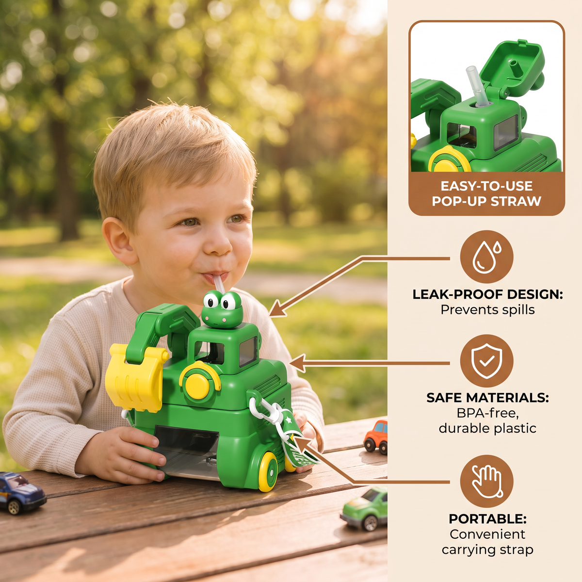 TinyExcavators Excavator-Shaped Water Bottle with Straw for Kids