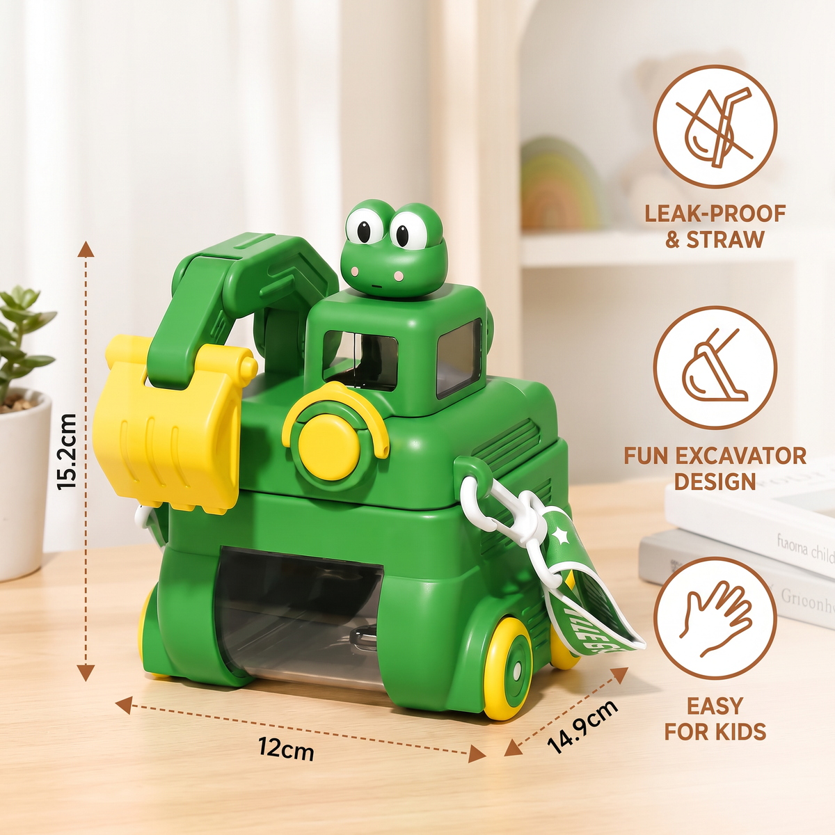 TinyExcavators Excavator-Shaped Water Bottle with Straw for Kids