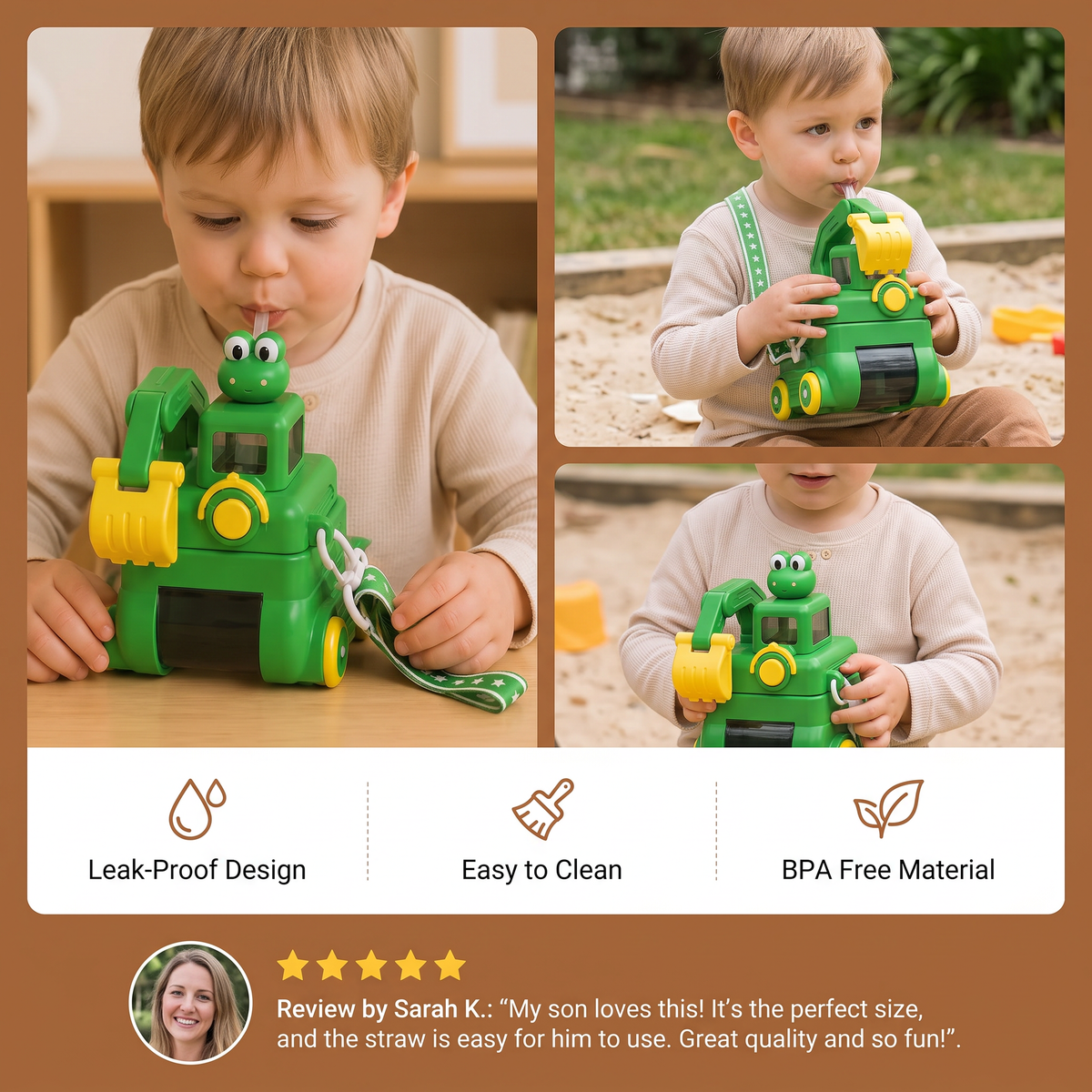 TinyExcavators Excavator-Shaped Water Bottle with Straw for Kids