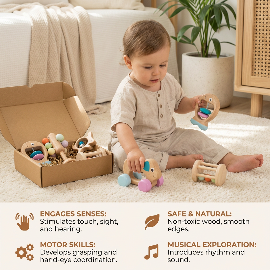 Natural Wood Rattle Gift Set for Baby Sensory Play