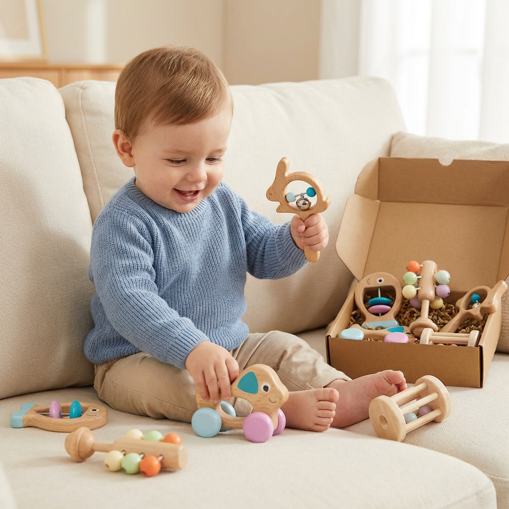 Natural Wood Rattle Gift Set for Baby Sensory Play