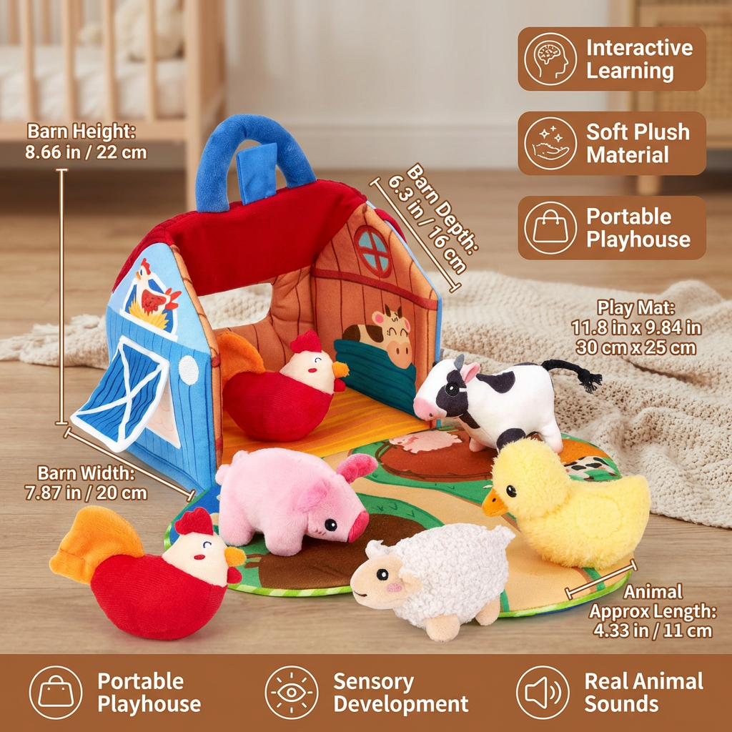 Farm Animal Plush Playset – Interactive Learning Toy with Portable Playhouse