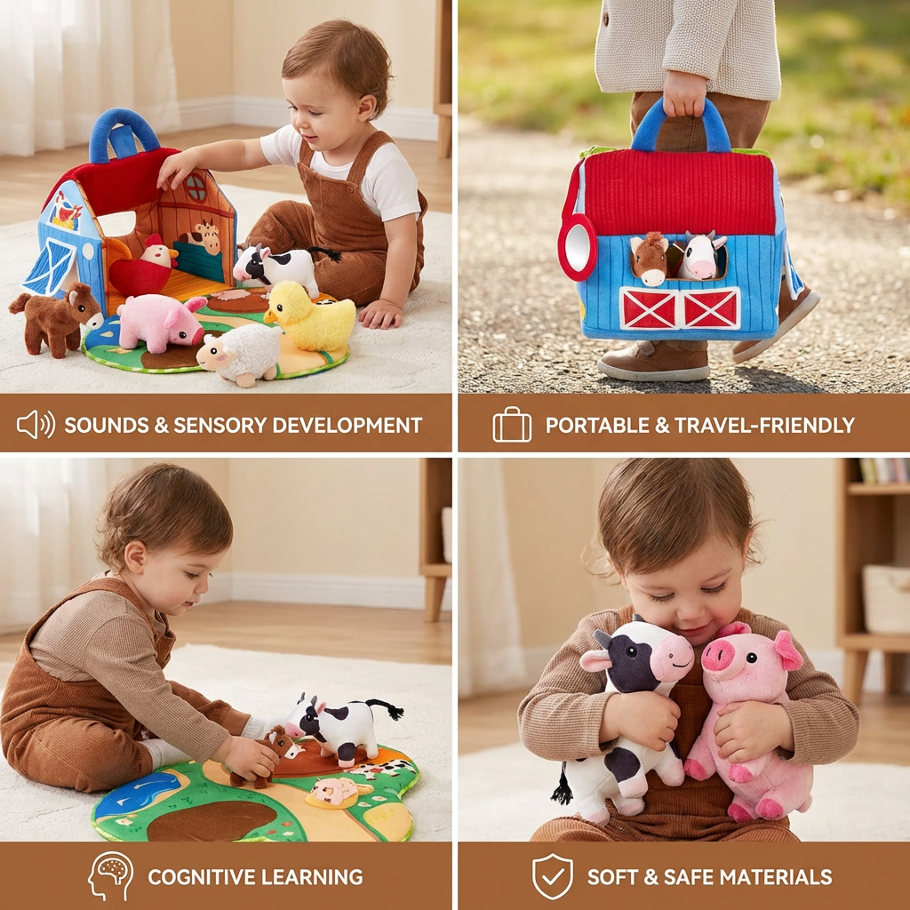 Farm Animal Plush Playset – Interactive Learning Toy with Portable Playhouse