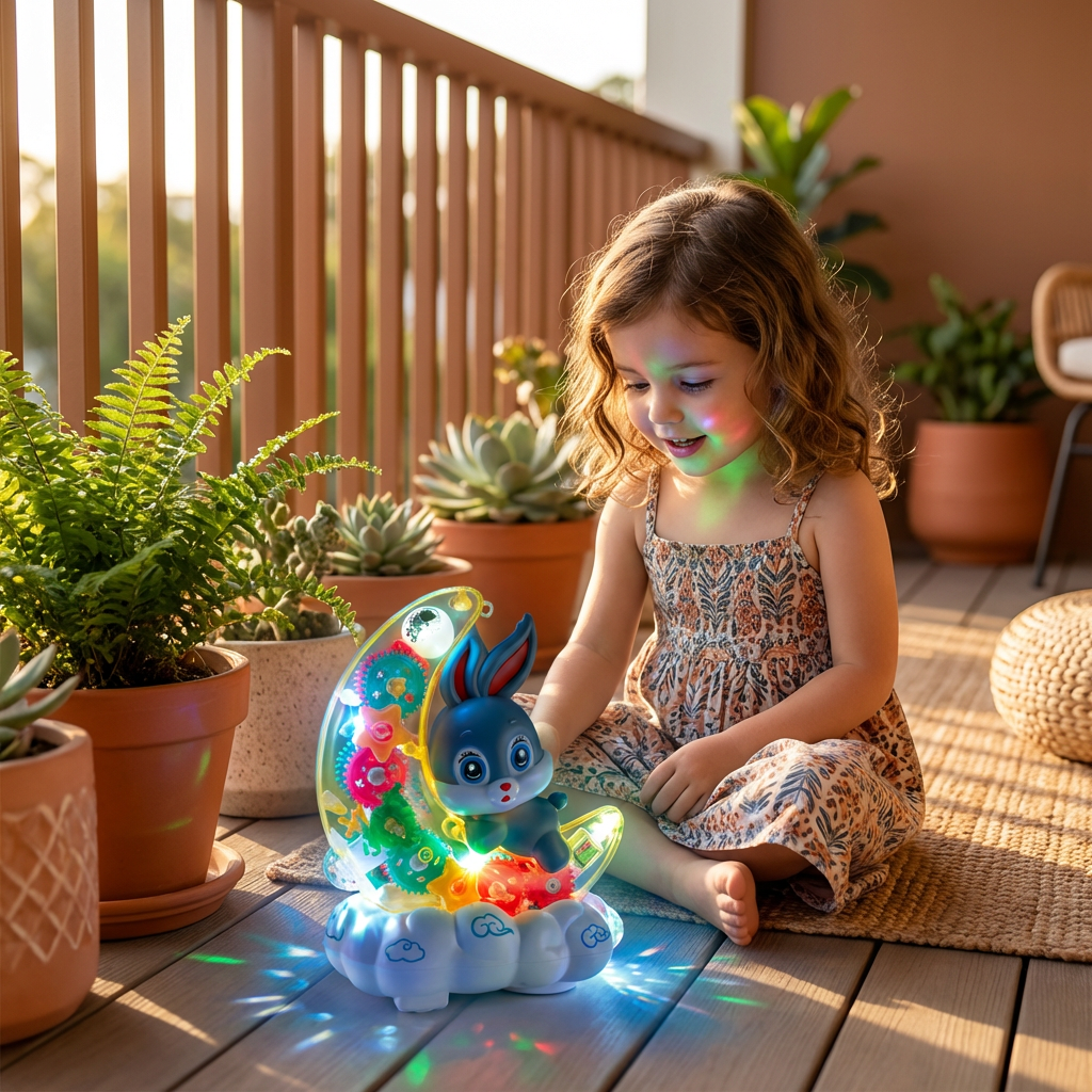 Light-Up Moon Bunny Toy – Transparent Gear Design with Music & LED Lights