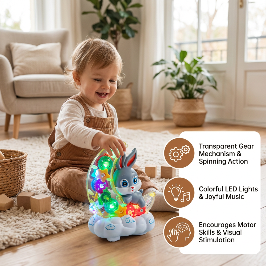 Light-Up Moon Bunny Toy – Transparent Gear Design with Music & LED Lights