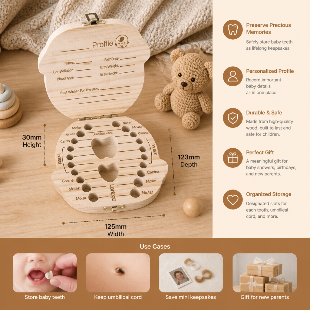 Wooden Baby Tooth Box – Kids Milk Teeth Storage & Keepsake Organizer