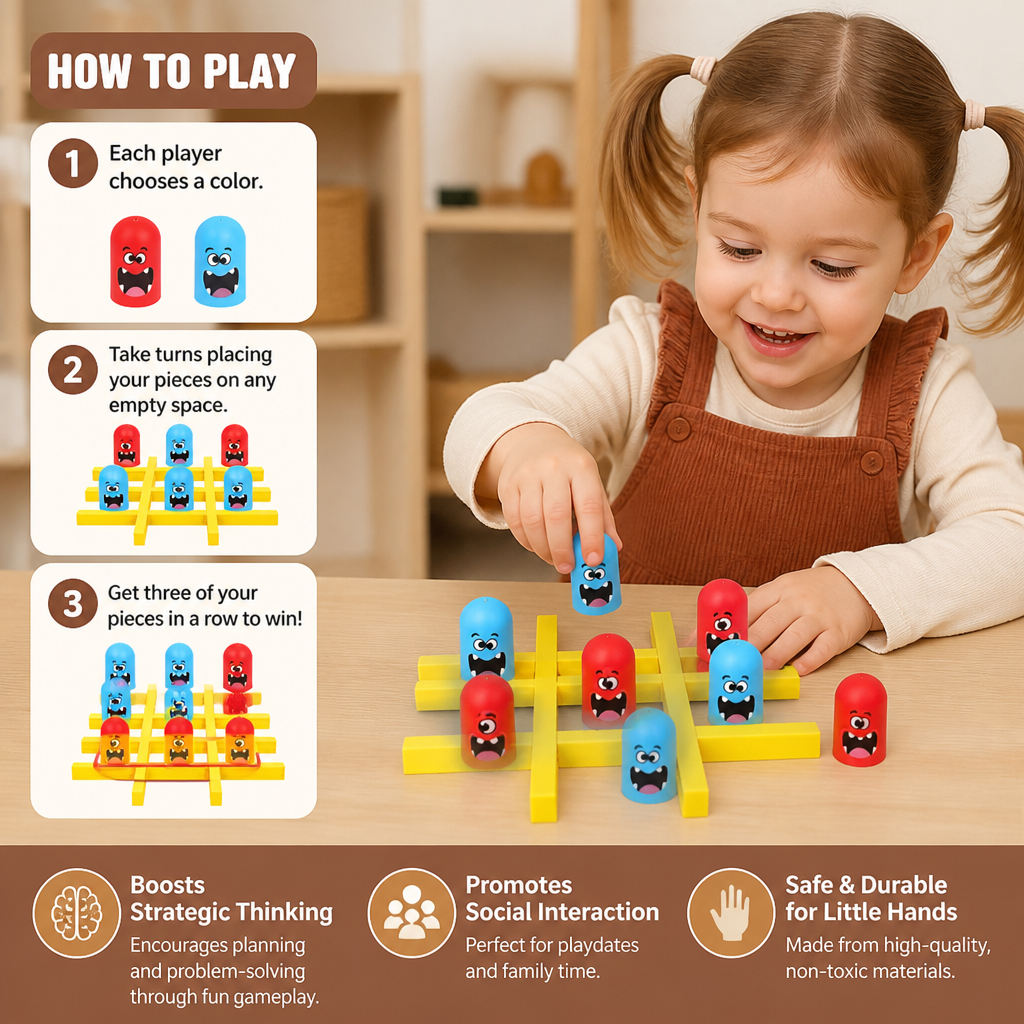 Monster Tic-Tac-Toe Board Game for Kids – Fun 2-Player Strategy Game