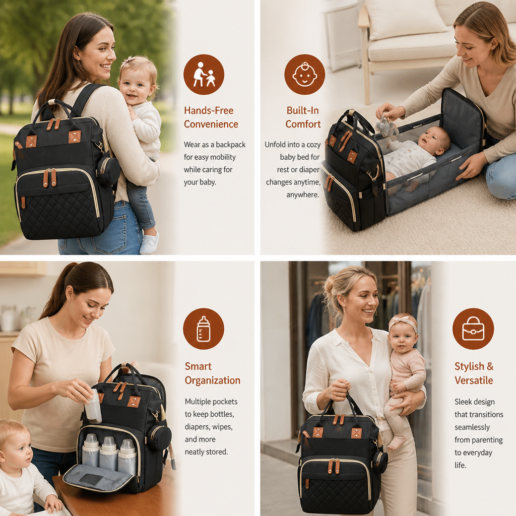 3 in 1 Travel Diaper Backpack with Foldable Baby Bed in Eight Colors