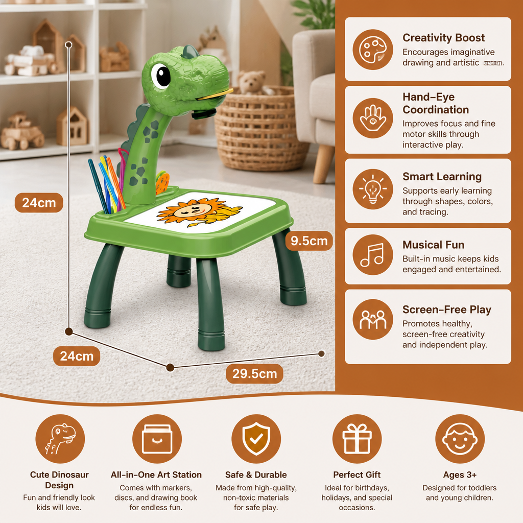 Dinosaur Projection Drawing Table for Kids with Markers and Music