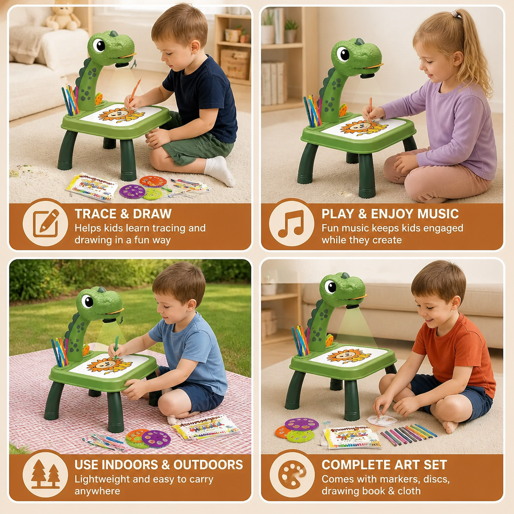Dinosaur Projection Drawing Table for Kids with Markers and Music