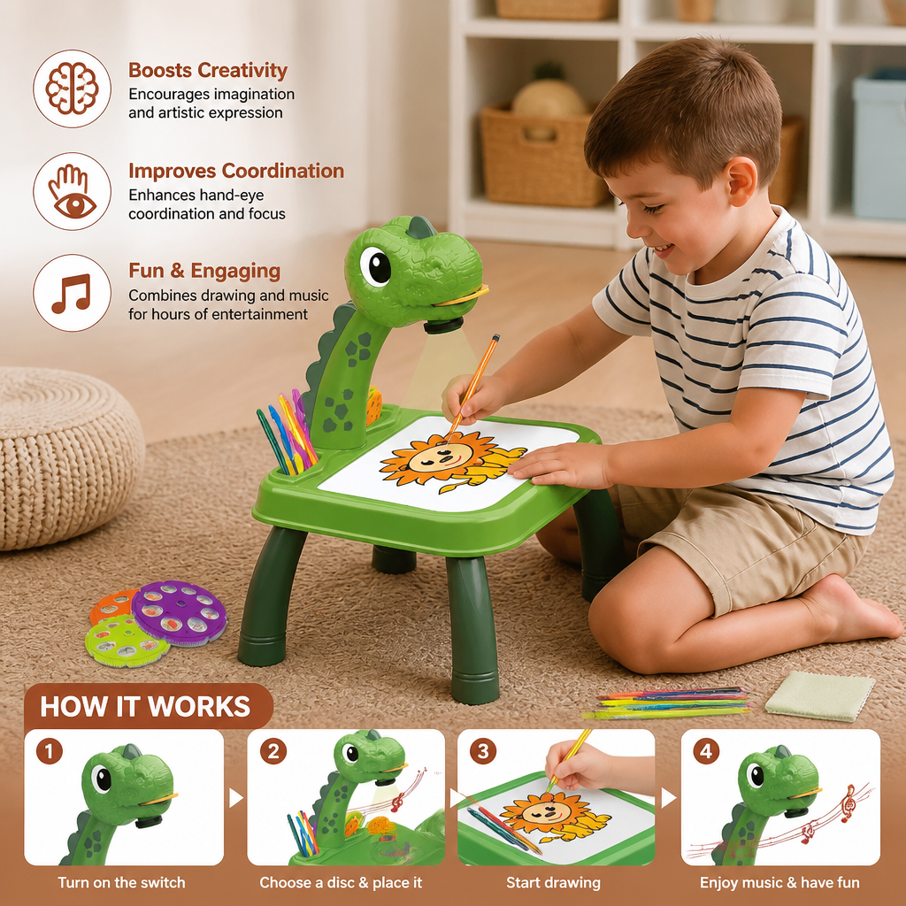 Dinosaur Projection Drawing Table for Kids with Markers and Music