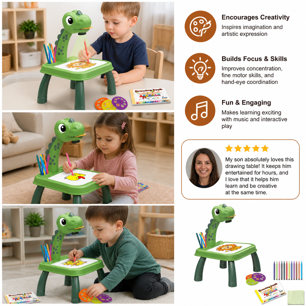 Dinosaur Projection Drawing Table for Kids with Markers and Music