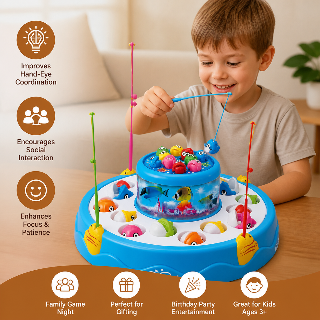 Electric Rotating Fishing Game Toy with Music and Colorful Fish