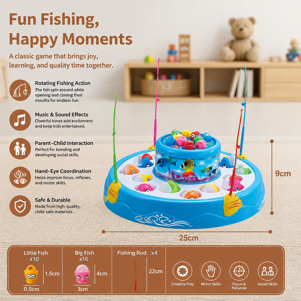 Electric Rotating Fishing Game Toy with Music and Colorful Fish