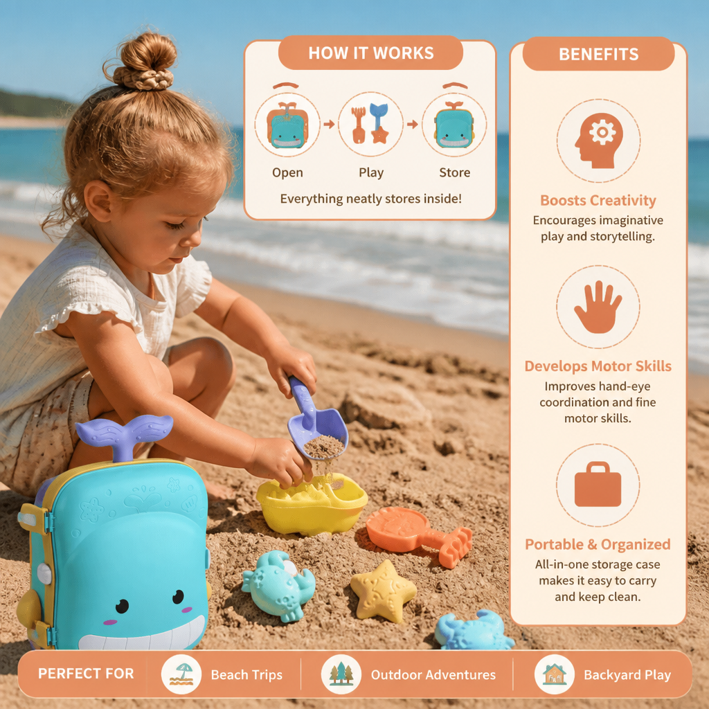 Kids Beach Toy Suitcase with Sand Tools and Hourglass