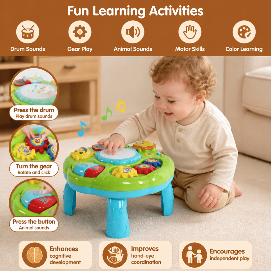 Baby Musical Activity Table Toy with Drum Gears and Animal Sounds