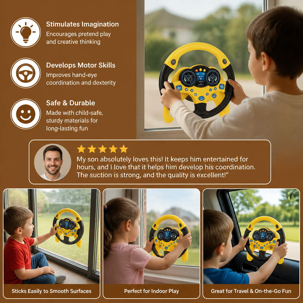 Kids Copilot Steering Wheel Toy with Suction Cup Lights and Sounds
