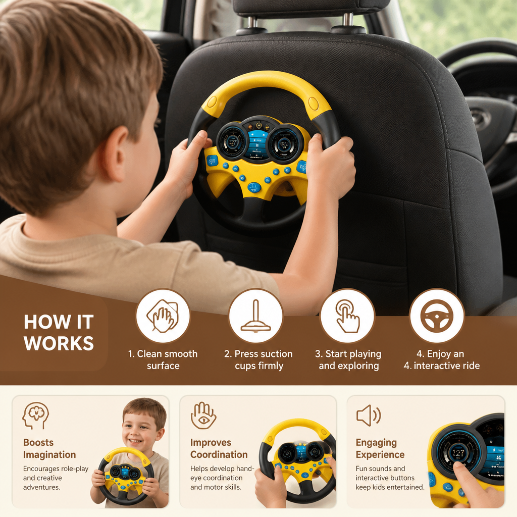 Kids Copilot Steering Wheel Toy with Suction Cup Lights and Sounds