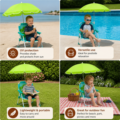 Foldable Kids Beach Chair with Umbrella and Dino Design