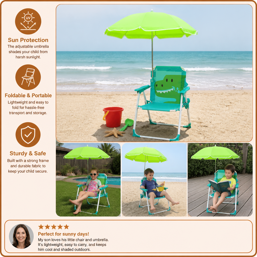 Foldable Kids Beach Chair with Umbrella and Dino Design