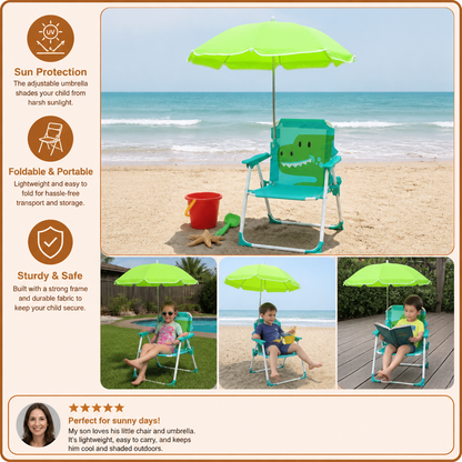 Foldable Kids Beach Chair with Umbrella and Dino Design