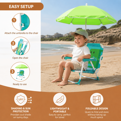 Foldable Kids Beach Chair with Umbrella and Dino Design