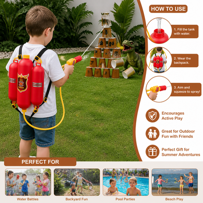 Firefighter Backpack Water Gun Toy for Kids Outdoor Summer Fun