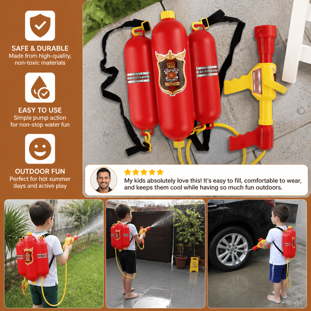 Firefighter Backpack Water Gun Toy for Kids Outdoor Summer Fun