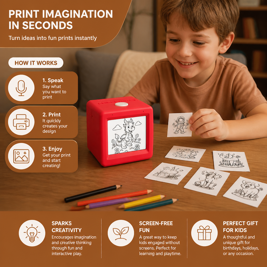Magic AI Kids Print Box with Voice Control – Portable Creative Drawing & Idea Printer